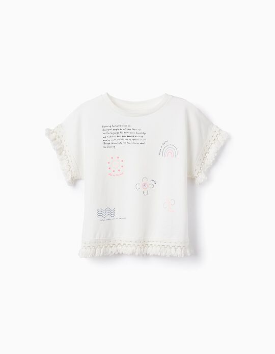 T-shirt De Algodão com Croché para Menina 'Australia', Branco