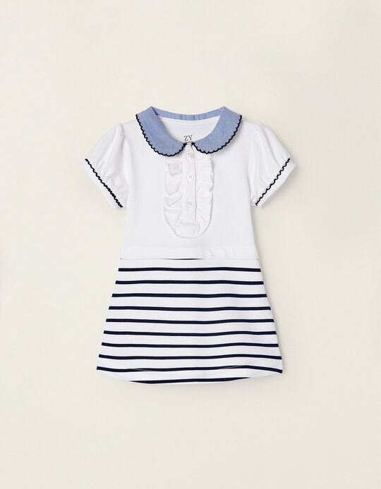 Cotton Piqué Dress for Newborn Baby Girls, White/Blue