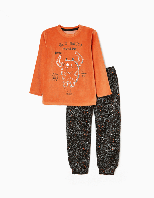 Pijama de Terciopelo Brilla en la Oscuridad para Niño 'Monstruo', Naranja/Negro