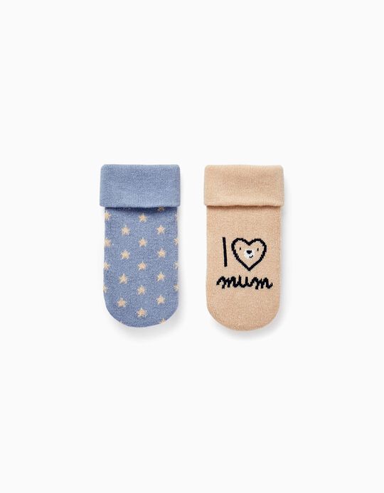 Pack of 2 Pairs of Thick Socks for Baby Boys  'I Love Mum', Beige/Dark Blue
