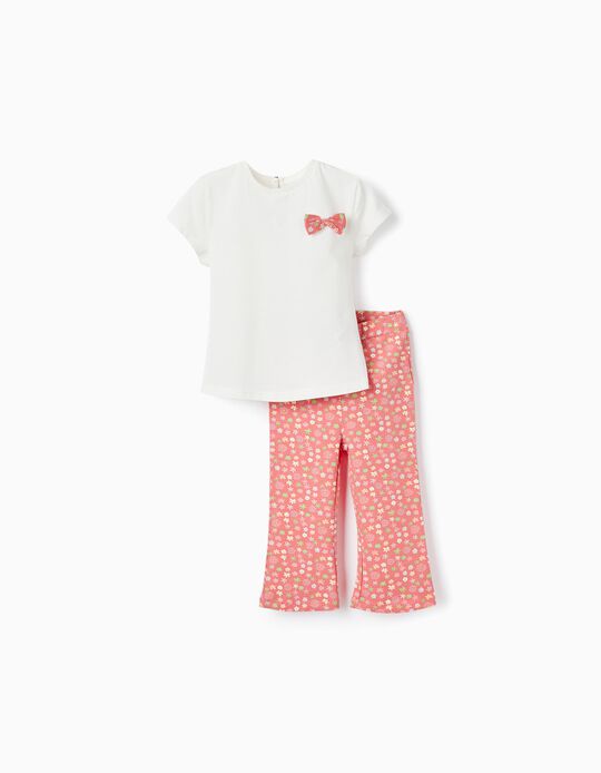 T-Shirt com Laço + Leggings com Padrão para Bebé Menina, Branco/Coral