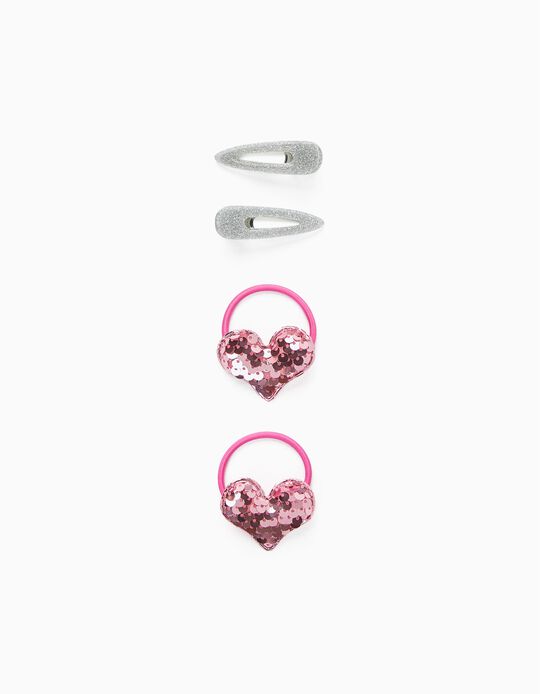 2 Bobbles + 2 Hair Pins for Babies and Girls 'Hearts', Pink/Silver