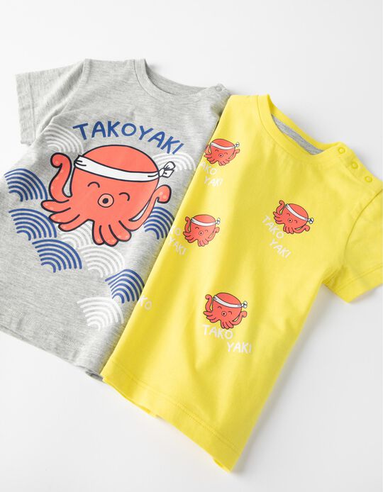 2 Camisetas de Manga Corta para Bebé Niño 'Octopus', Gris/Amarillo