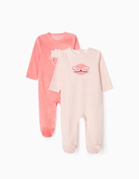 2 Velour Sleepsuits for Baby Girls, Pink
