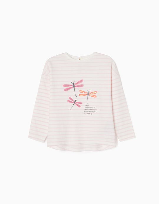 Camiseta de Manga Larga de Algodón para Bebé Niña 'Mariposa', Blanco/Rosa