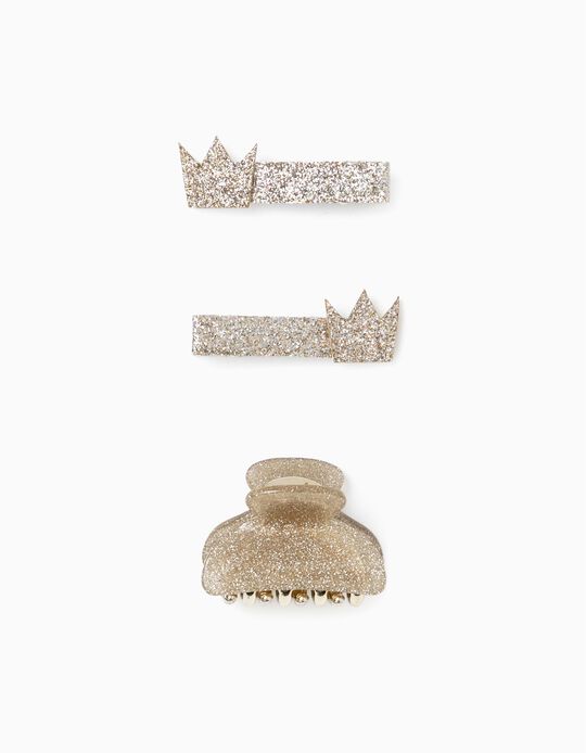 2 Hair Pins + Hair Claw for Girls 'Princess', Golden/Silver