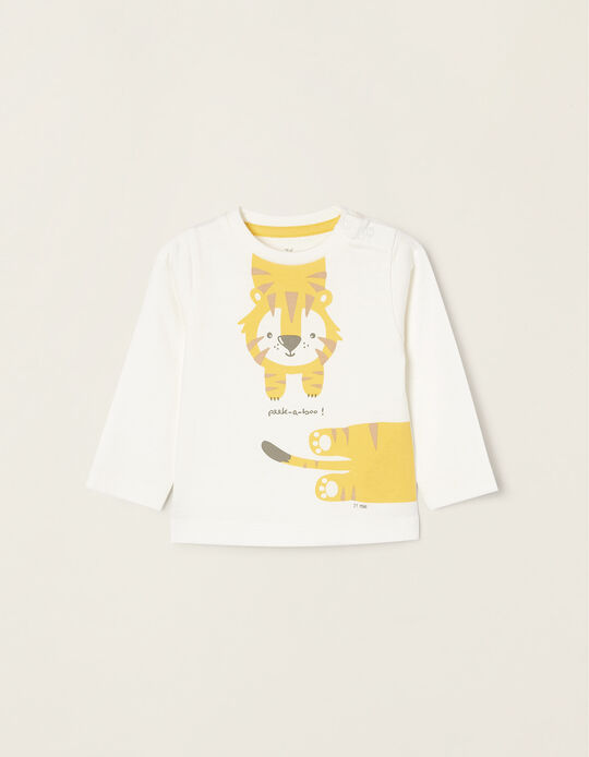 Long Sleeve Cotton T-shirt for Newborn Baby Boys 'Tiger', White