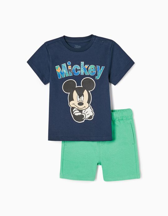 Ensemble T-shirt + Short Bébé Garçon 'Mickey', Bleu Foncé/Vert