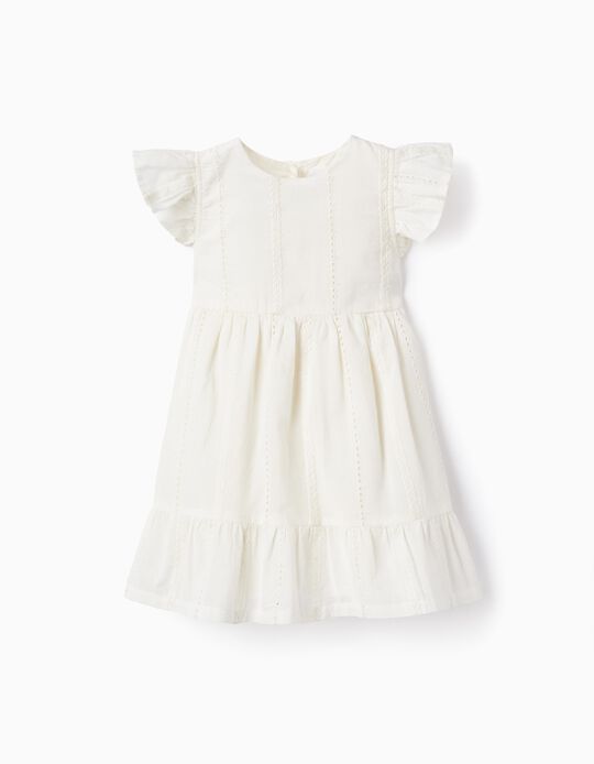 Cotton Dress with Embroidery for Baby Girls, White