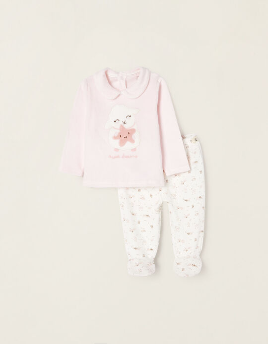 Pijama de Veludo para Recém-Nascida 'Sheep', Rosa/Branco