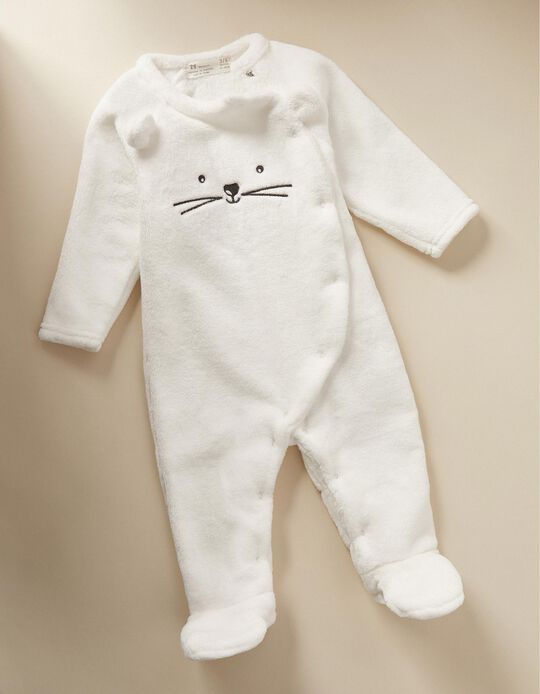 Plush Sleepsuit for Newborn Babies 'Cat', White
