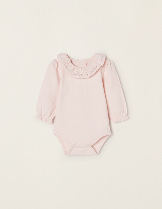 Cotton Bodysuit with Frill Collar for Newborn Baby Girls, Pink