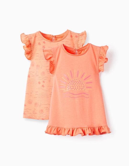 Pack 2 T-Shirts En Coton Et Sans Manches Pour Bébé Fille 'Soleil', Corail