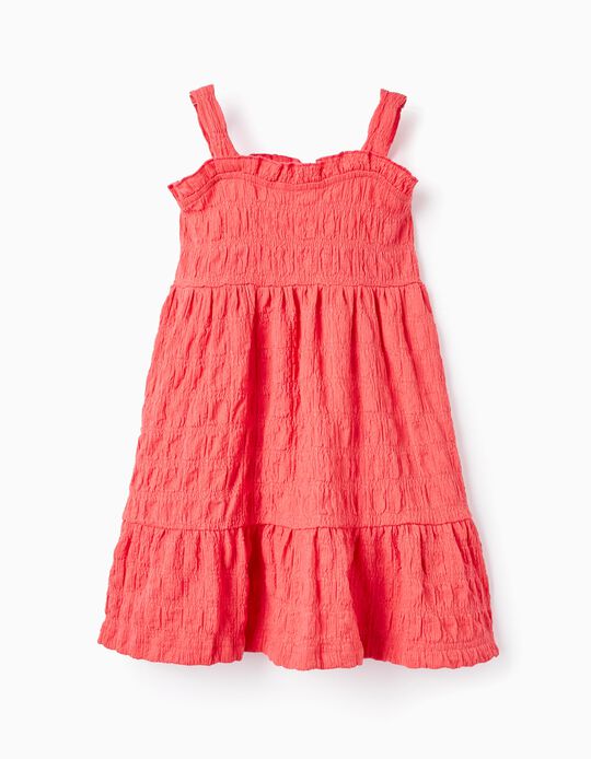 Strappy Textured Dress for Baby Girls, Dark Coral