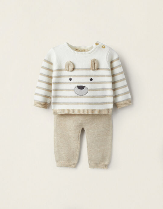 Sweatshirt + Knitted Trousers for Newborn Boys 'Bear', White/Beige