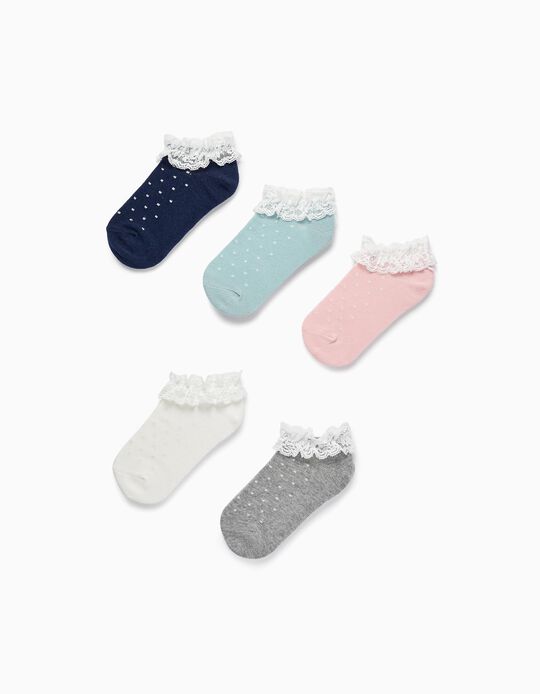 Pack 5 Pairs of Socks with Lace and Lurex for Girls, Multicoloured