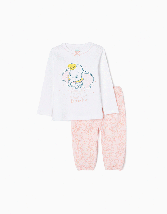 Pijama de Algodão Brilha no Escuro para Bebé Menina 'Dumbo', Branco/Rosa