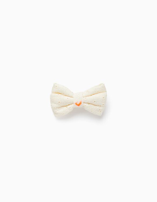 Hair Clip with English Embroidery Bow for Baby and Girl, White/Orange