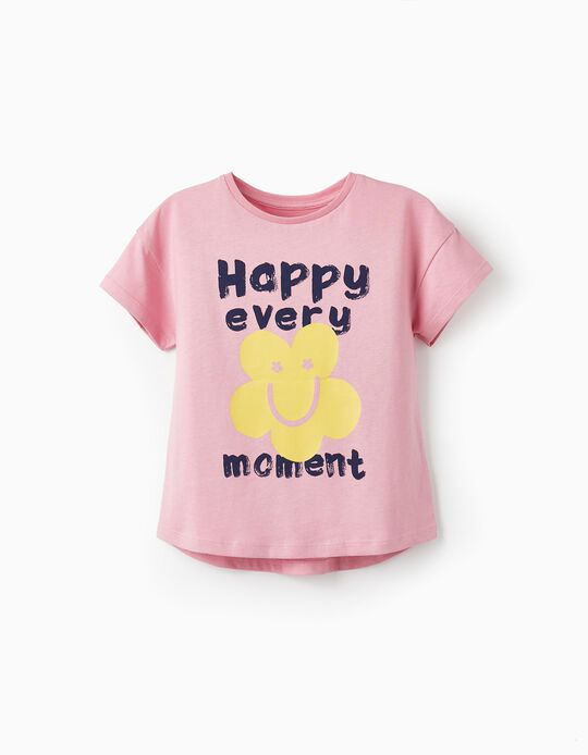 T-Shirt de Algodão para Menina 'Happy Every Moment', Rosa