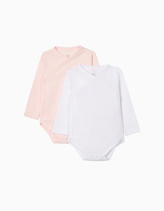 2-Pack Long-Sleeved Bodysuits, Pink & White