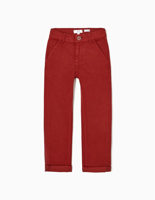 Chino Trousers in Cotton Twill for Boys 'Slim Fit', Dark Red