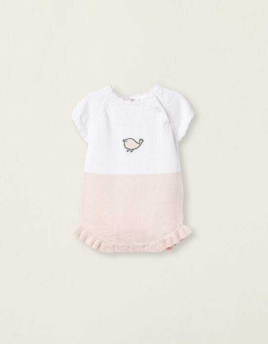 Short Knit Romper for Newborn Baby Girls 'Little Bird', White/Pink