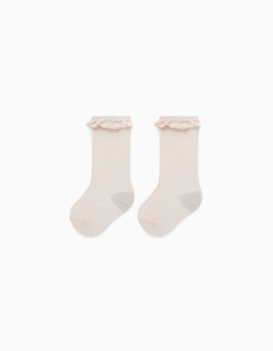 Knee-High Socks with Lace for Baby Girls, Light Pink