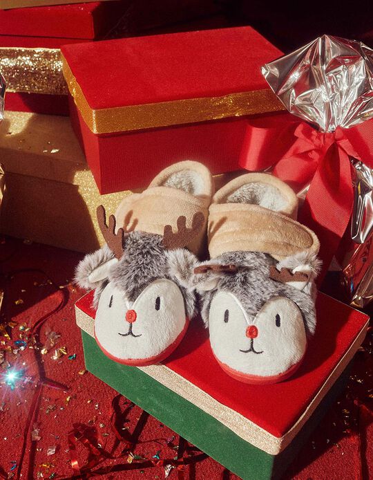 Slippers for Children 'Christmas Reindeer', Beige/Red