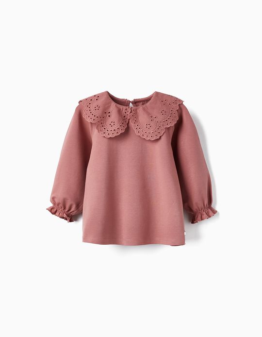 Long Sleeve T-shirt with English Embroidery Collar for Baby Girls, Pink