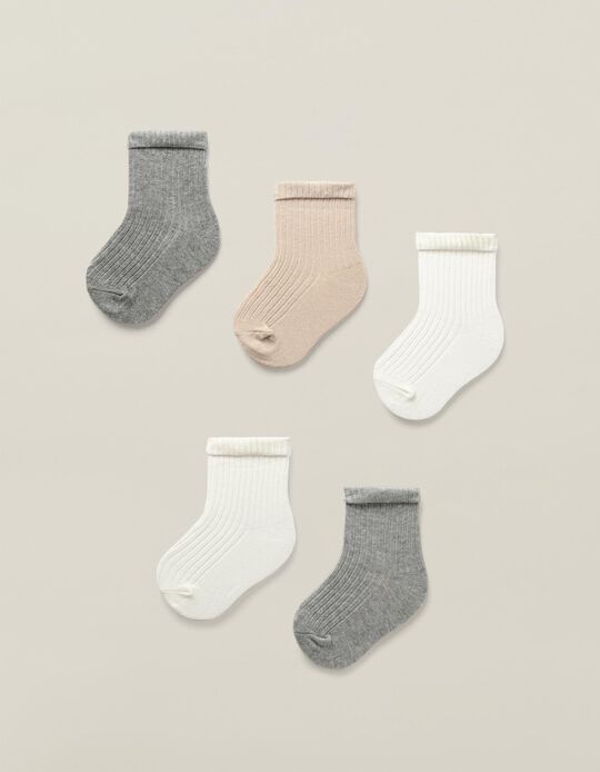 5 Pairs of Ribbed Socks for Babies, Grey/White/Beige