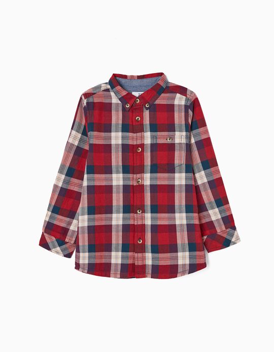 Camisa a Cuadros de Algodón para Niño, Roja/Azul Oscuro