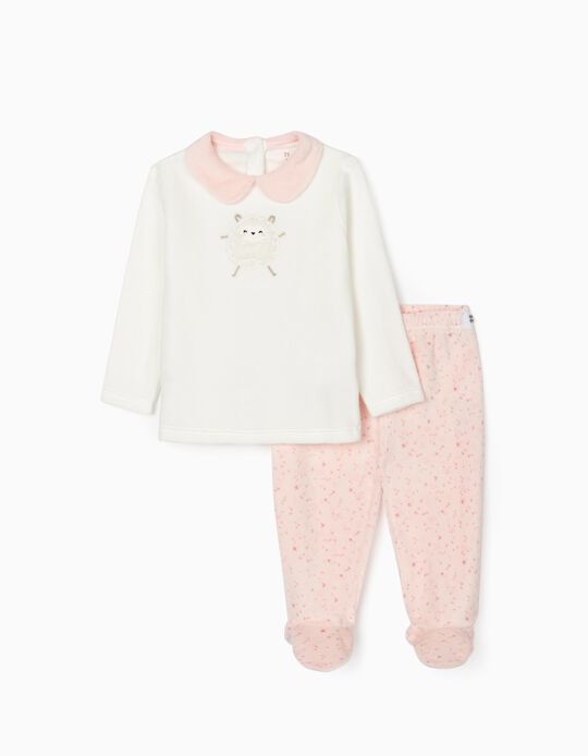 Velvet Pyjamas for Newborn Baby Girls, White/Pink