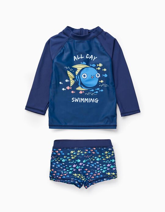T-shirt + Calções de Banho UPF80 para Bebé Menino 'Peixe', Azul