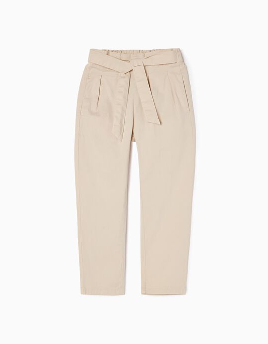 Cotton Twill Cigarette Trousers for Girls, Beige