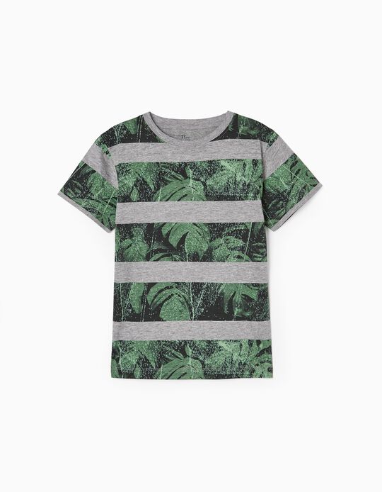 Striped Cotton T-shirt for Boys 'Leaves', Grey/Green