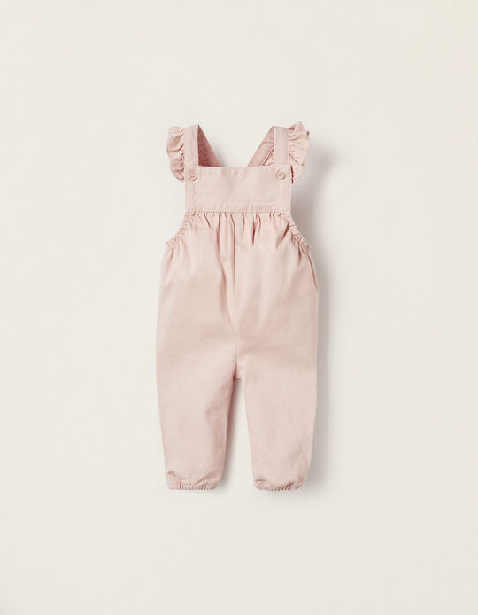 Twill Jumpsuit with Ruffles for Newborn Girls, Light Pink