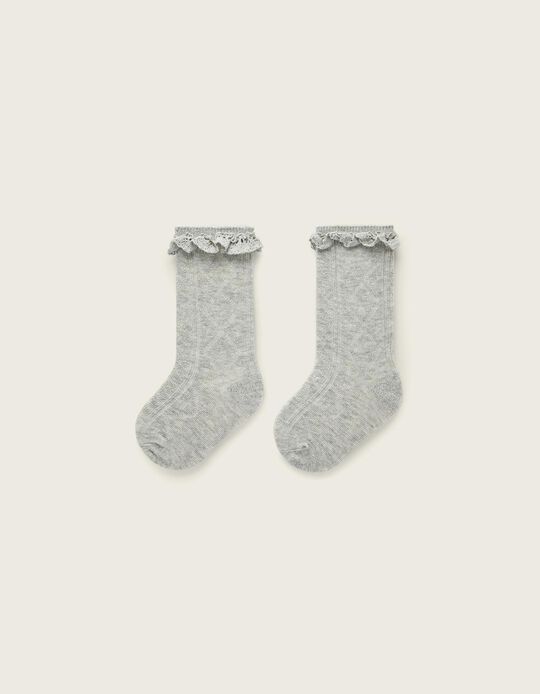 Knee-High Socks with Lace for Baby Girls, Grey