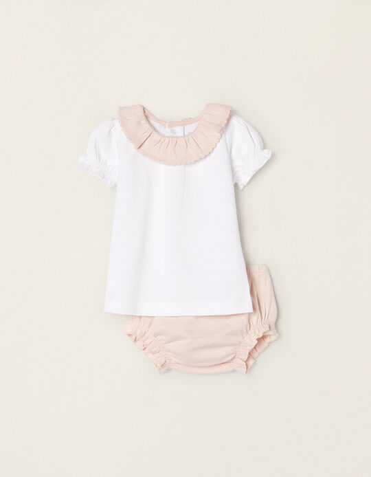 Cotton T-shirt + Shorts for Newborn Baby Girls, White/Pink