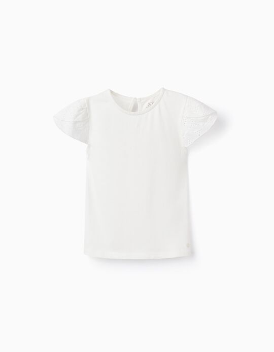Camiseta de Algodón con Bordado Inglés para Bebé Niña, Blanco
