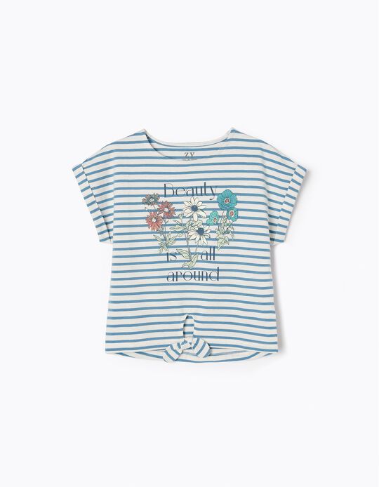 Striped Cotton T-shirt for Girls, White/Blue