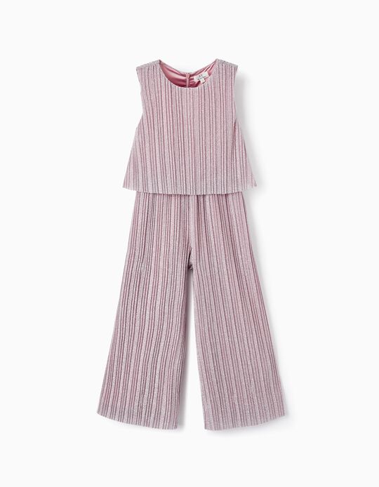 Pleated and Lurex Jumpsuit for Girls, Lilac/Silver