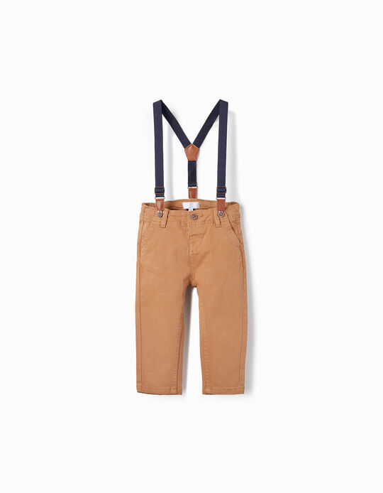 Twill Trousers with Suspenders for Baby Boys, Dark Beige