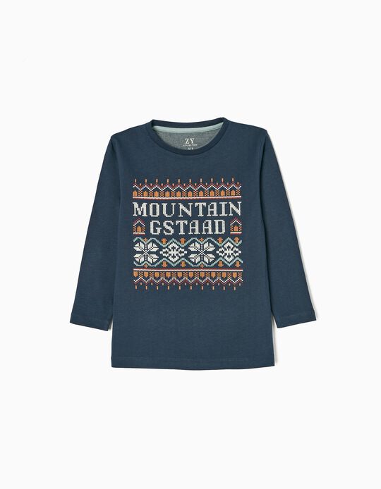 T-shirt à Manches Longues en Coton Garçon 'Gstaad', Bleu Foncé