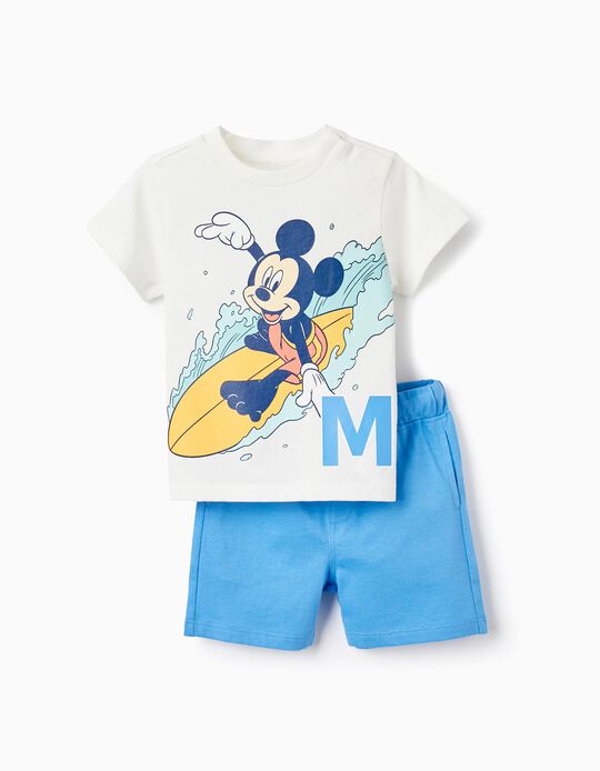 Camiseta + Pantalones Cortos de Algodón para Bebé Niño 'Mickey', Blanco/Azul