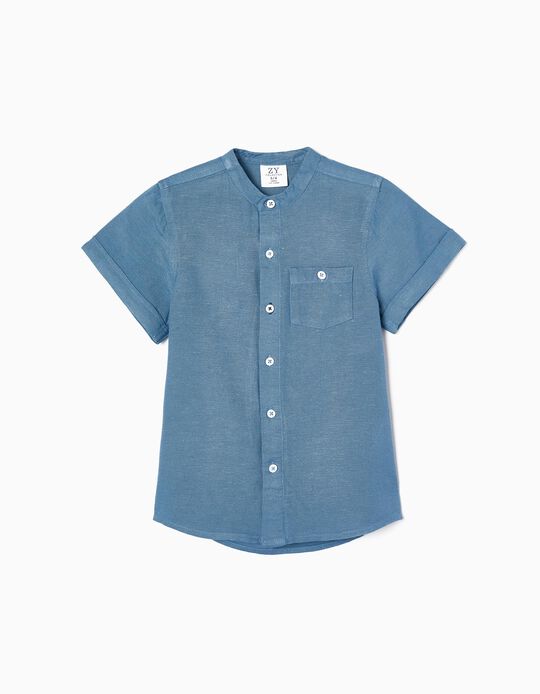 Camisa de Manga Curta com Gola Mao para Menino, Azul