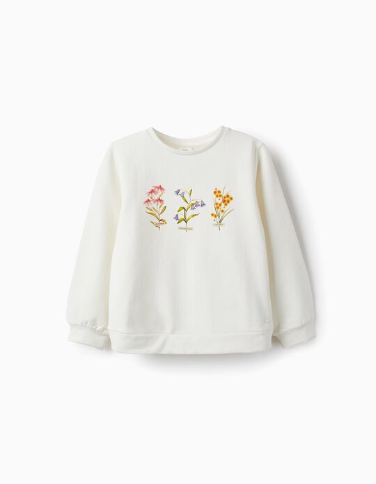 Sweatshirt in Brushed Cotton for Girls 'Flowers', White