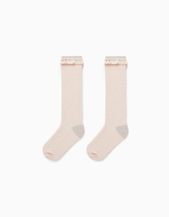 Knee-High Socks with Lace for Girls, Light Pink