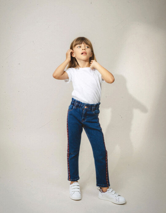Paperbag Jeans in Cotton for Girls, Blue