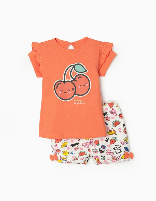 T-Shirt + Shorts for Baby Girls 'Cherries', Orange/White