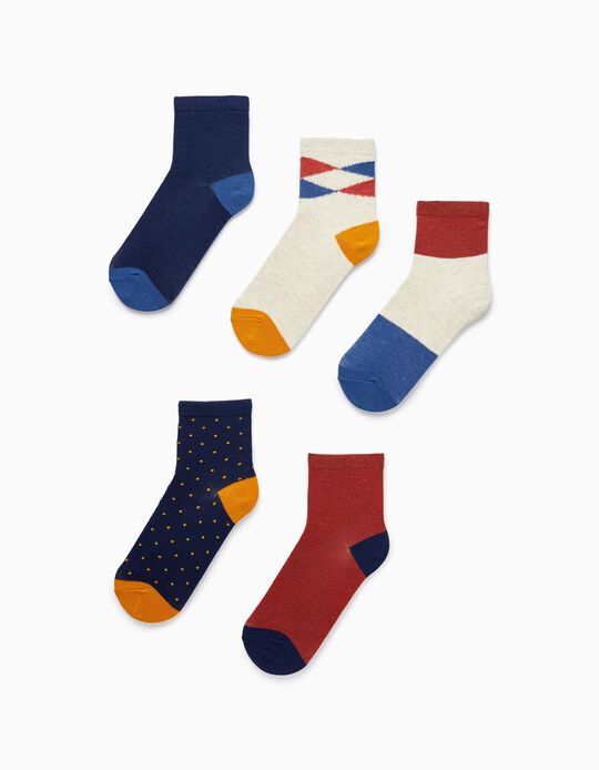 Pack of 5 Pairs of Cotton Socks for Boys, Beige/Dark Blue/Red